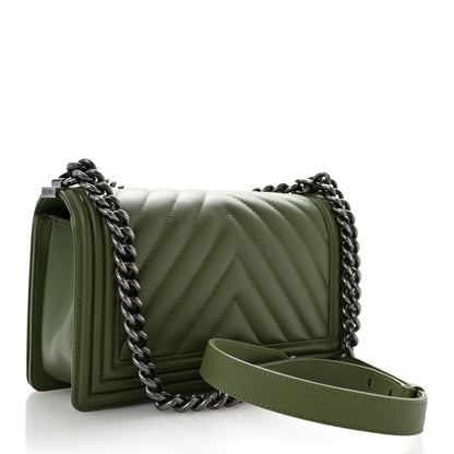 Chanel Calfskin Chevron Quilted Medium Boy Flap Dark Green 3 of 11