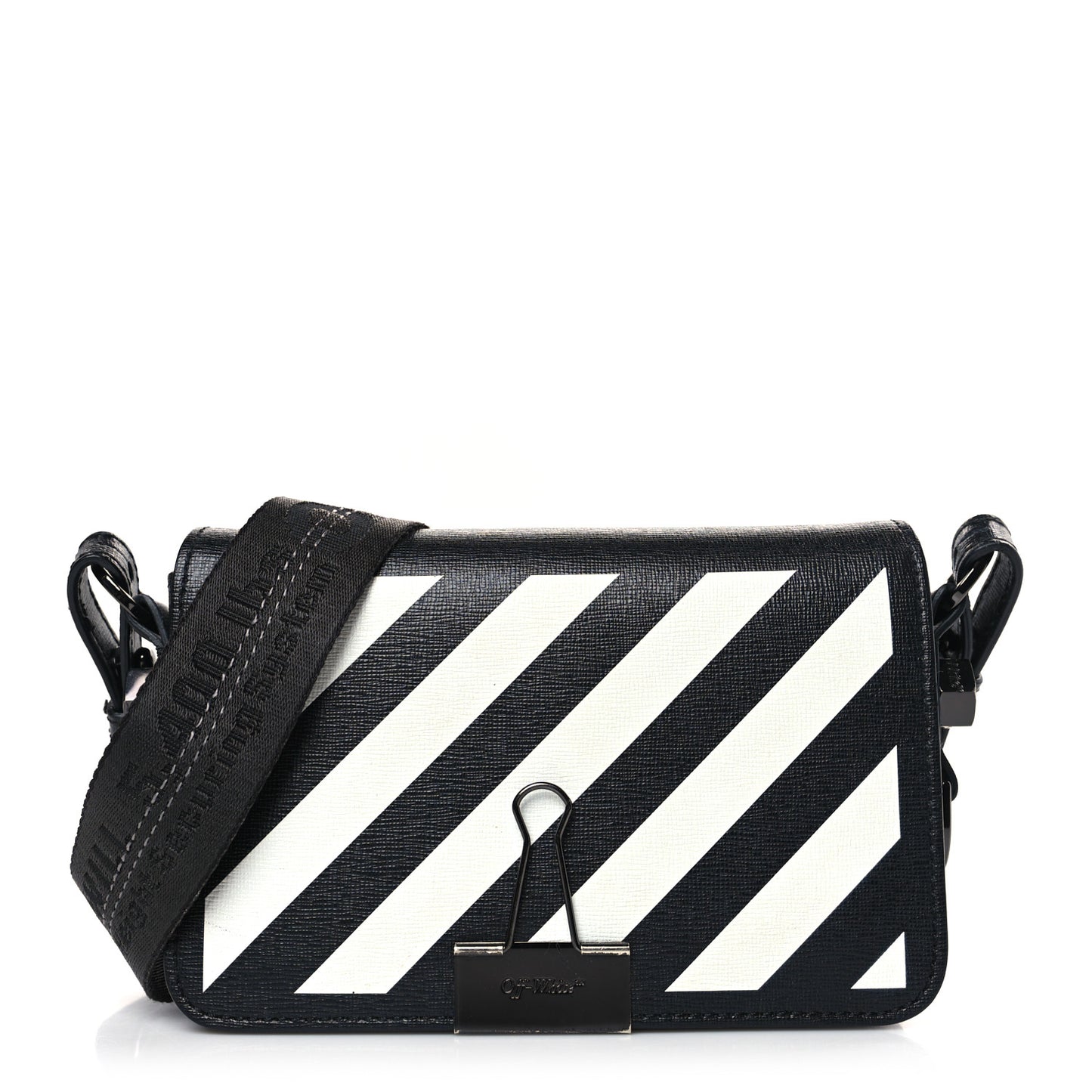 Saffiano Striped Mini Diag Binder Clip Bag Black White