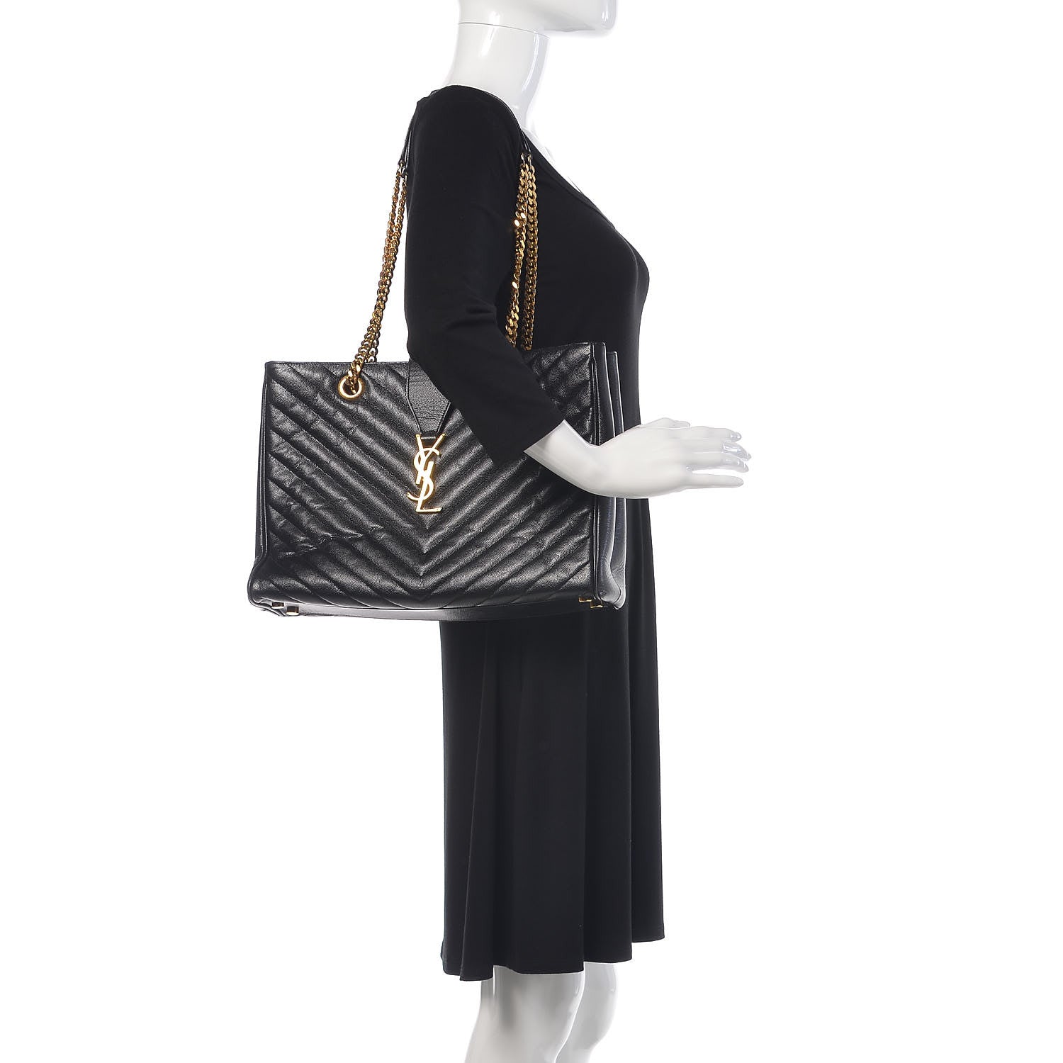 Saint Laurent Grain De Poudre Matelasse Chevron Monogram Shopping Bag Black 2 of 16