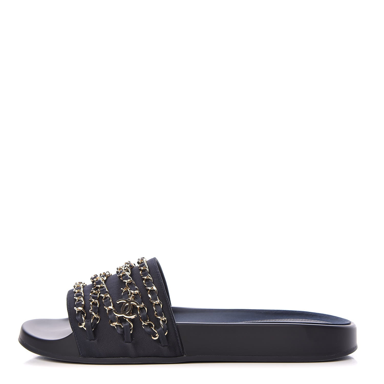 Chanel Satin Canvas Chain Flat Sandals 41 Marine 1 of 12