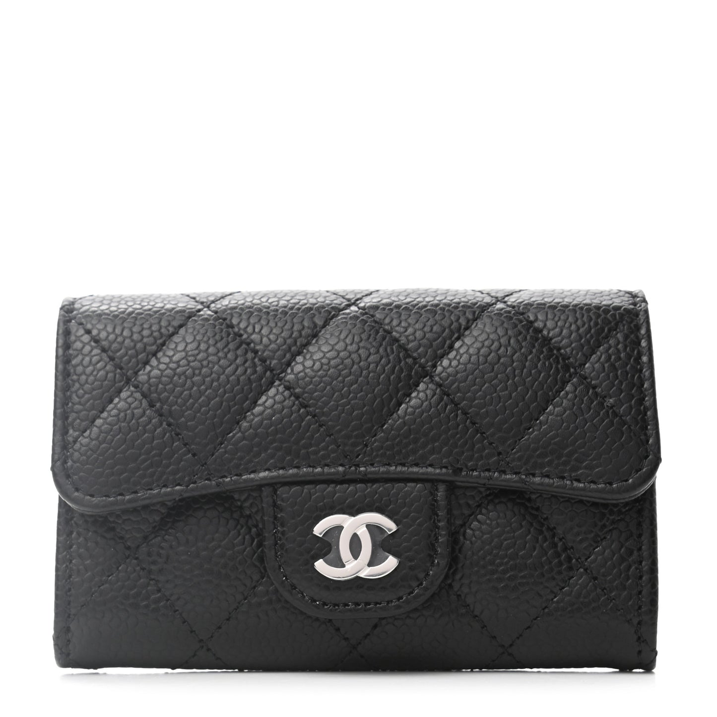 Caviar Quilted Flap Card Holder Wallet Black