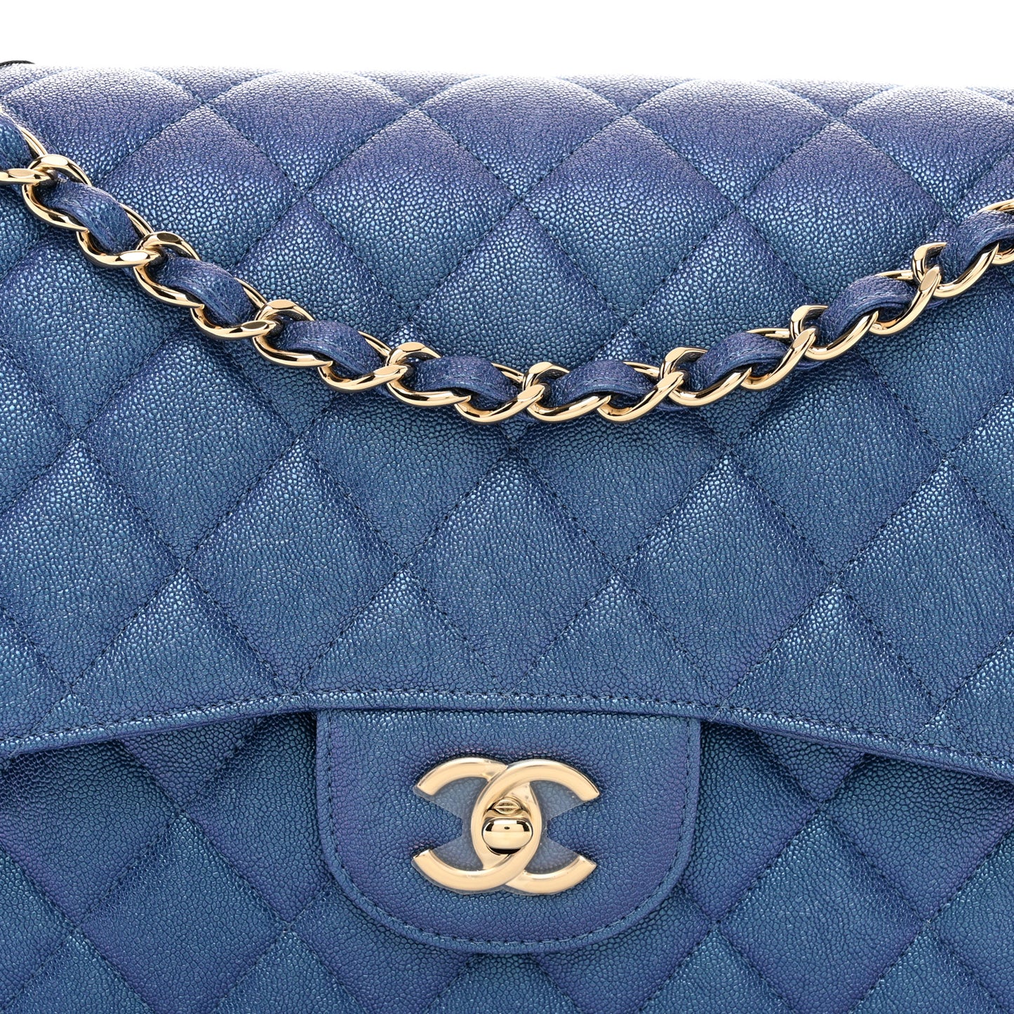 Iridescent Caviar Quilted Jumbo Double Flap Dark Blue
