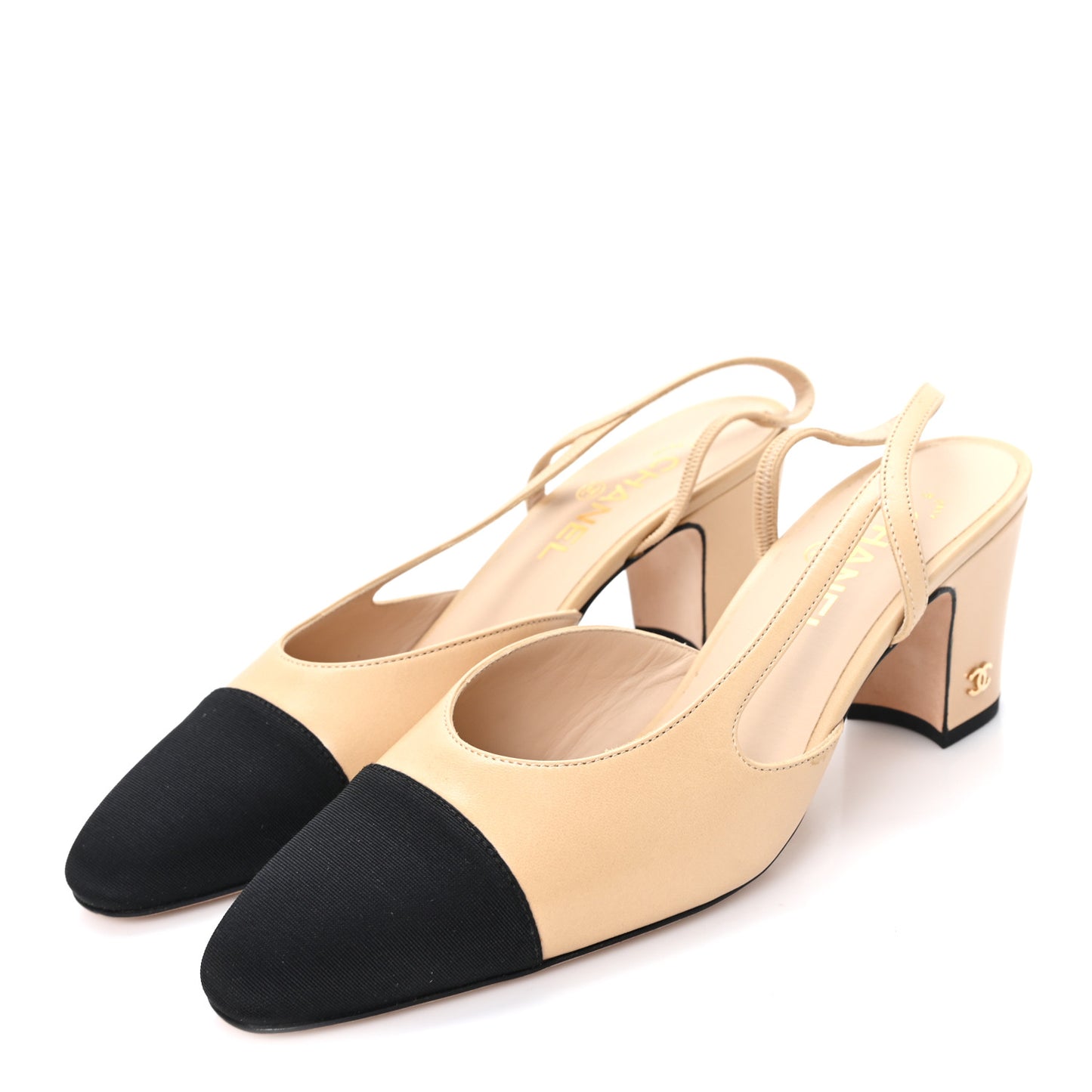 Goatskin Grosgrain Cap Toe CC Slingback Pumps 40 Beige Black