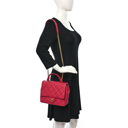 Shiny Caviar Quilted Small Top Handle Flap Pink