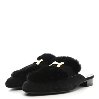 Hermes Mink Fur Suede Goatskin Trocadero Mule 37.5 Black 3 of 8