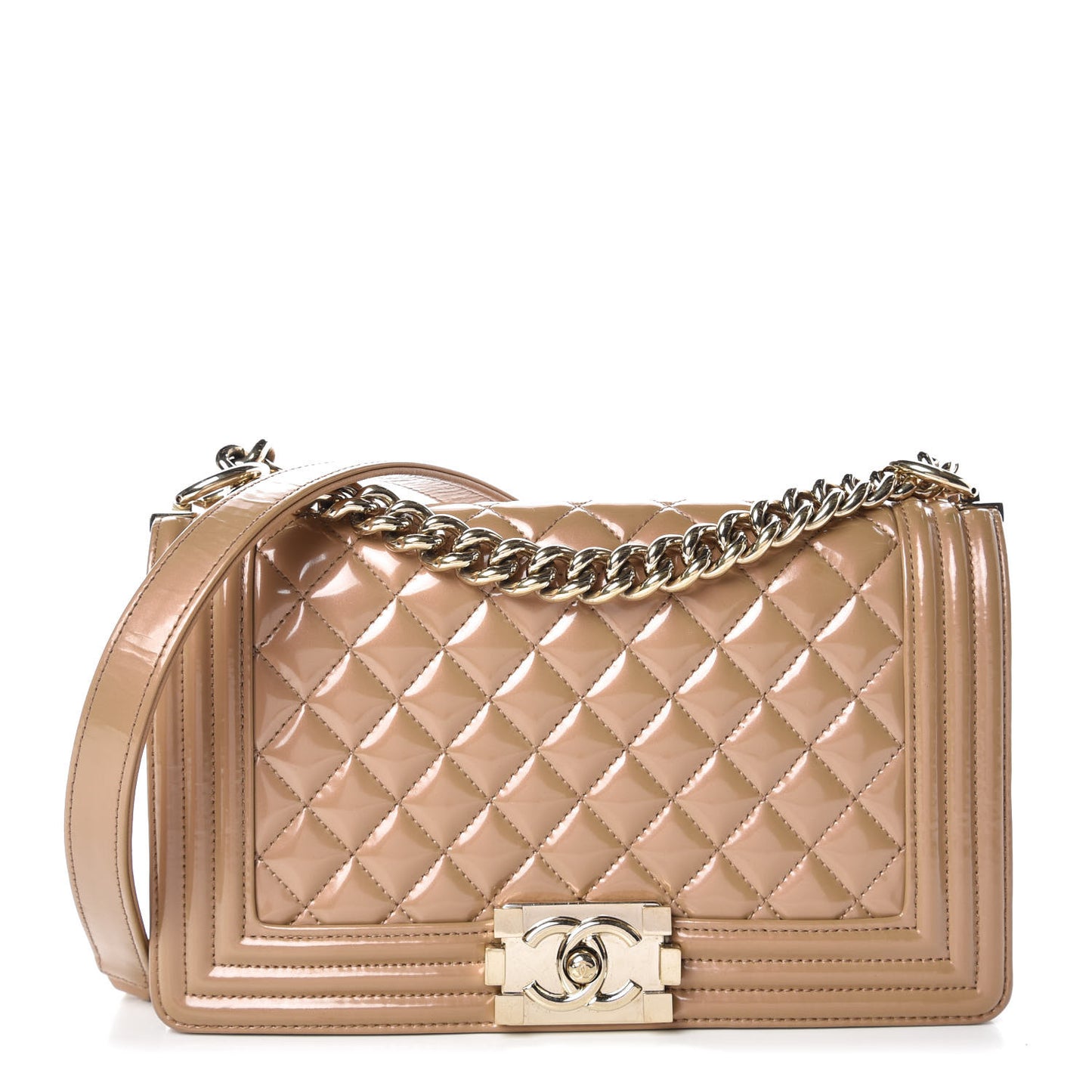 Patent Calfskin Quilted Medium Boy Flap Beige