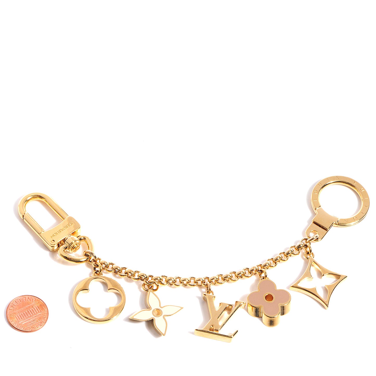 Brass Enamel Fleur De Monogram Bag Charm Chain Gold