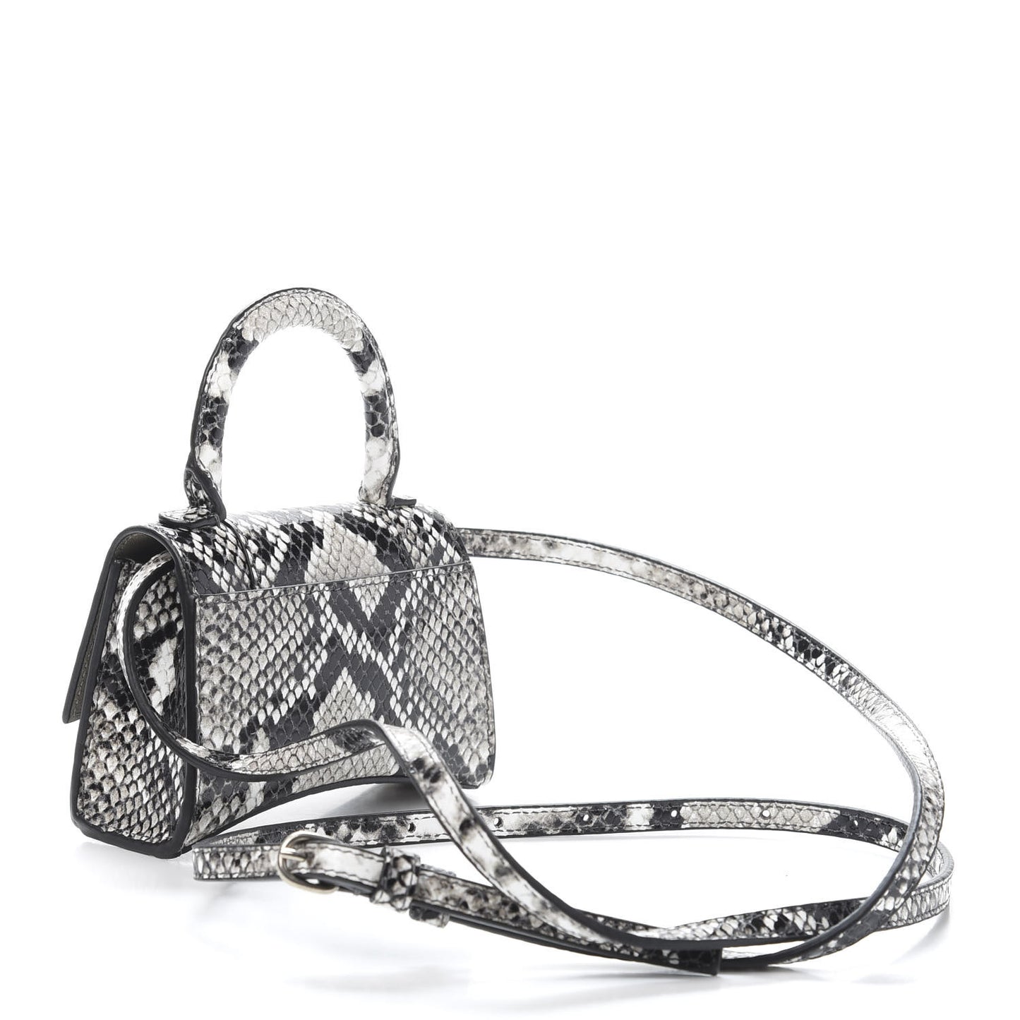 Shiny Calfskin Python Effect Hourglass Top Handle Bag Mini Black White