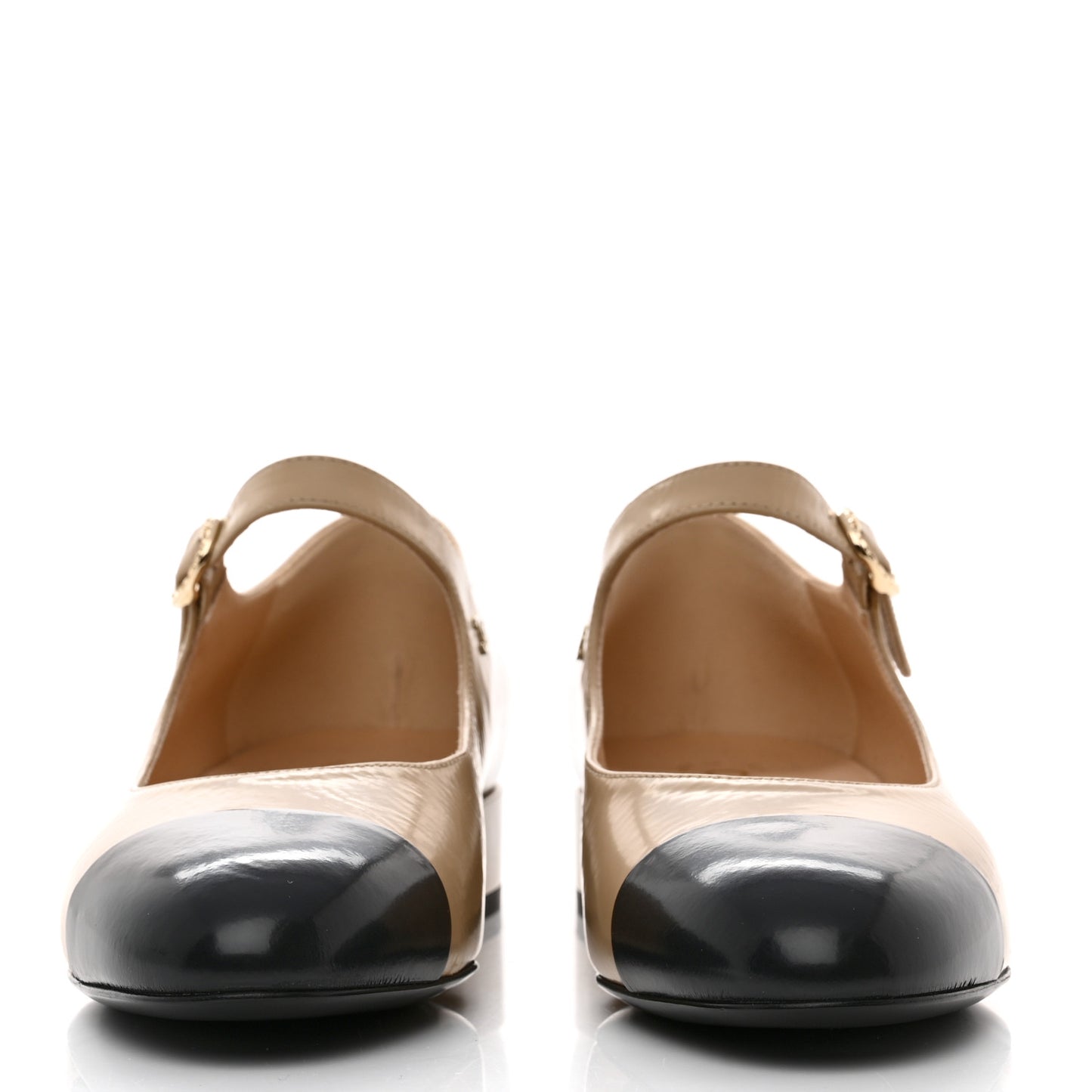 Shiny Calfskin Cap Toe Mary Jane Low Heel Strap Pumps 37 Beige Black