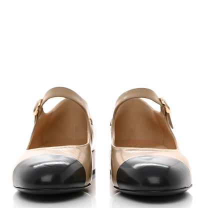 Chanel Shiny Calfskin Cap Toe Mary Jane Low Heel Strap Pumps 37 Beige Black 2 of 9