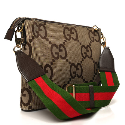 Gucci Monogram Jumbo GG Textured Dollar Calfskin Web Wristlet Messenger Bag Camel Ebony New Acero 3 of 10