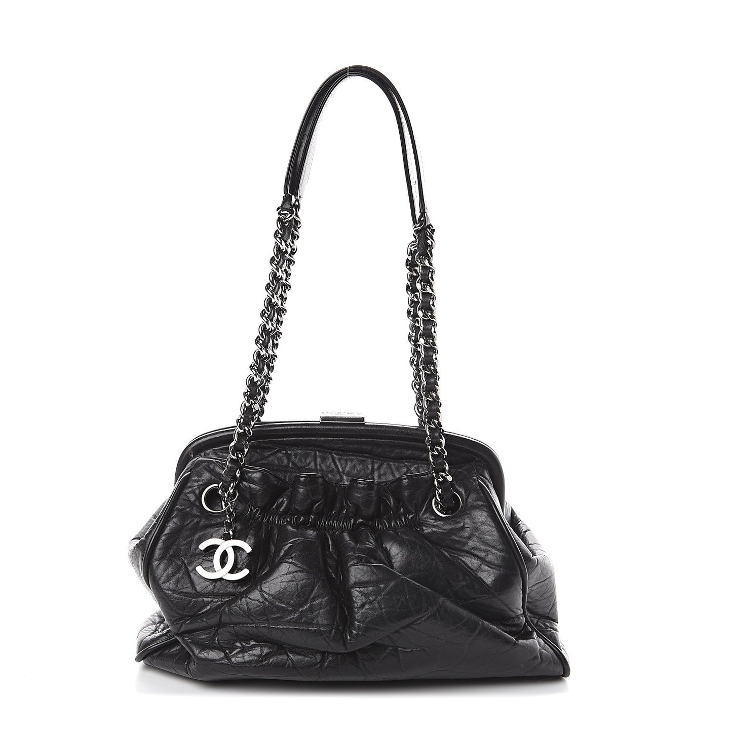 Distressed Lambskin Paris NY Framed Pleated Pouch Bag Black
