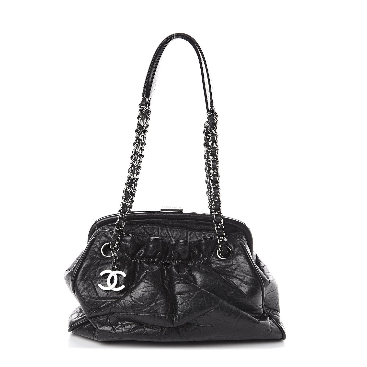 Chanel Distressed Lambskin Paris NY Framed Pleated Pouch Bag Black 1 of 9