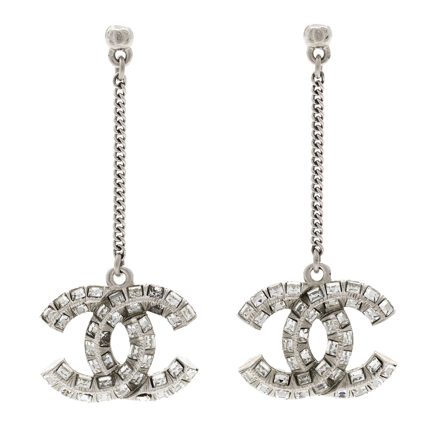 Crystal Baguette CC Drop Earrings Silver