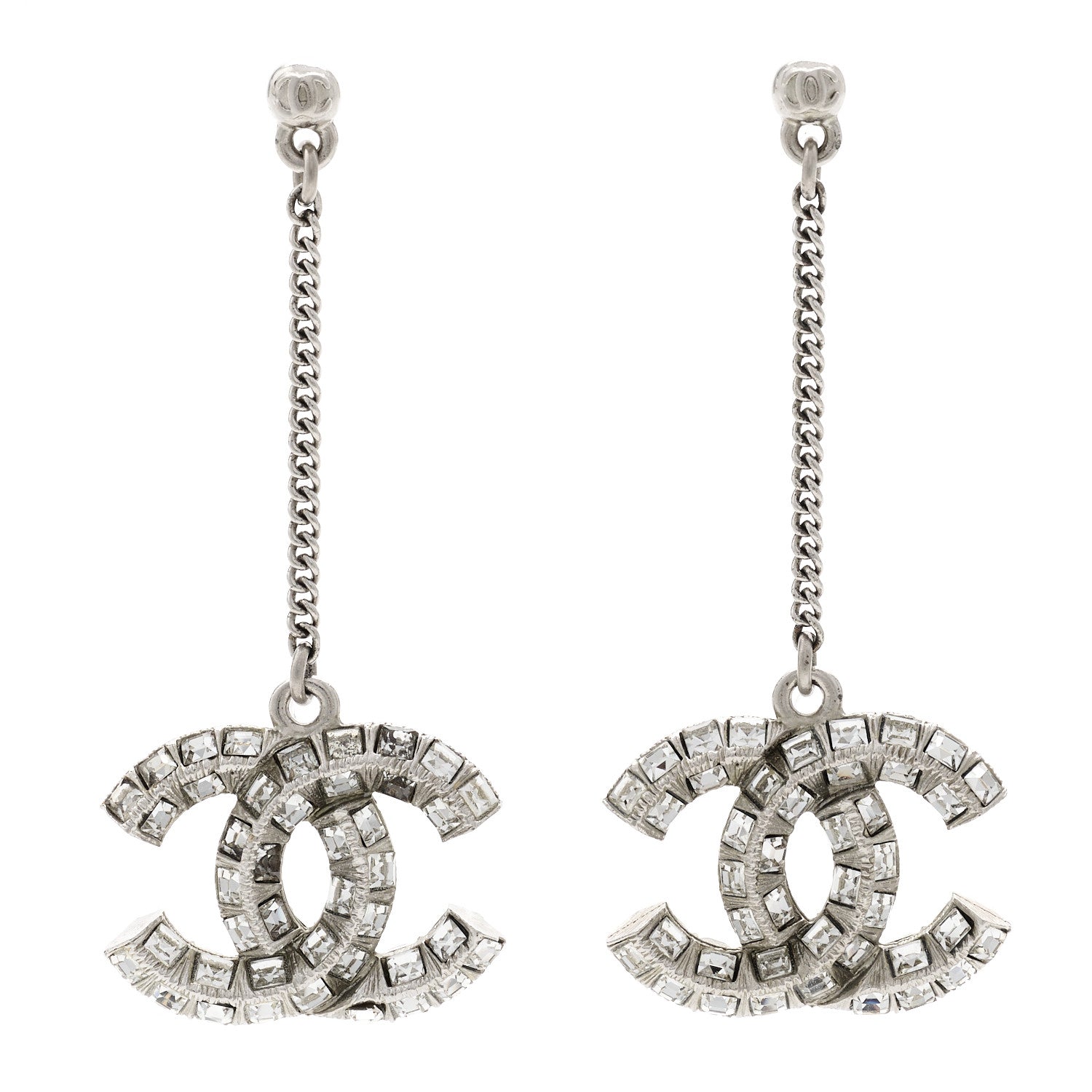 Chanel Crystal Baguette CC Drop Earrings Silver 1 of 3
