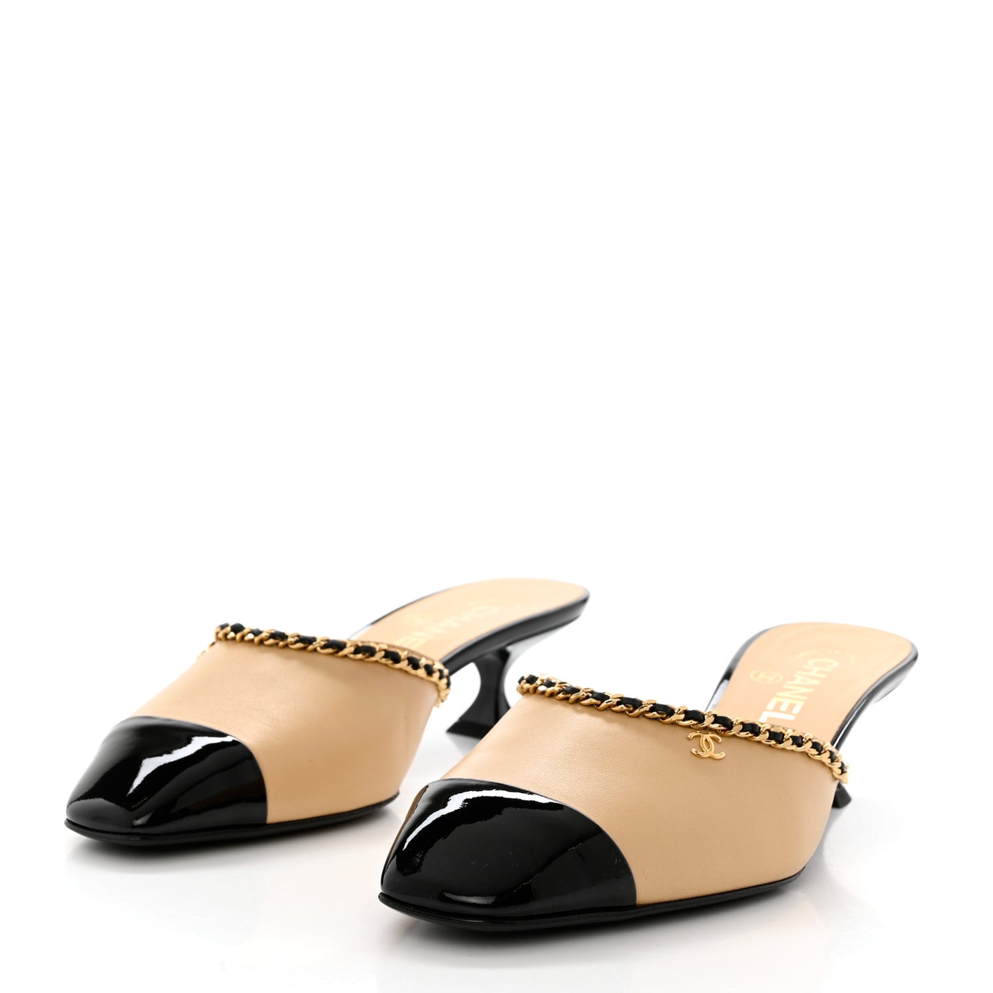 Lambskin Patent Cap Toe Chain Mule 38.5 Beige Black