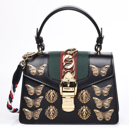 Gucci Calfskin Animal Studs Mini Sylvie Top Handle Bag Black 1 of 9