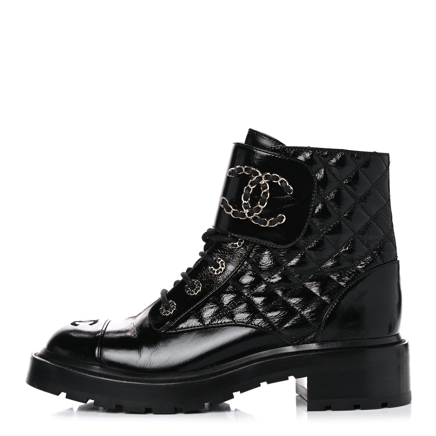 Chanel Shiny Calfskin Quilted Lace Up Combat Boots 40 Black 1 of 10