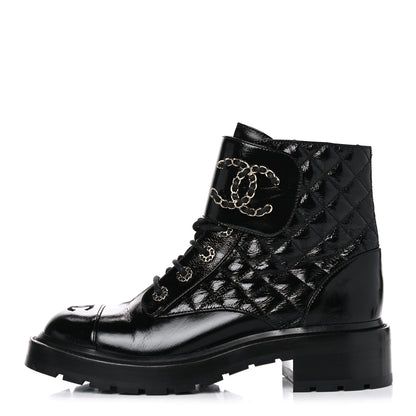 Chanel Shiny Calfskin Quilted Lace Up Combat Boots 40 Black 1 of 10