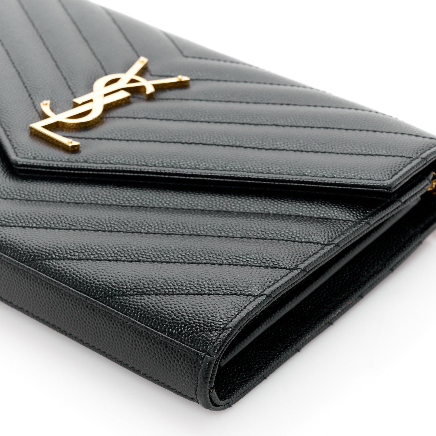 Saint Laurent Grain De Poudre Matelasse Chevron Monogram Envelope Chain Wallet Black 10 of 11