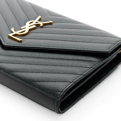 Saint Laurent Grain De Poudre Matelasse Chevron Monogram Envelope Chain Wallet Black 10 of 11