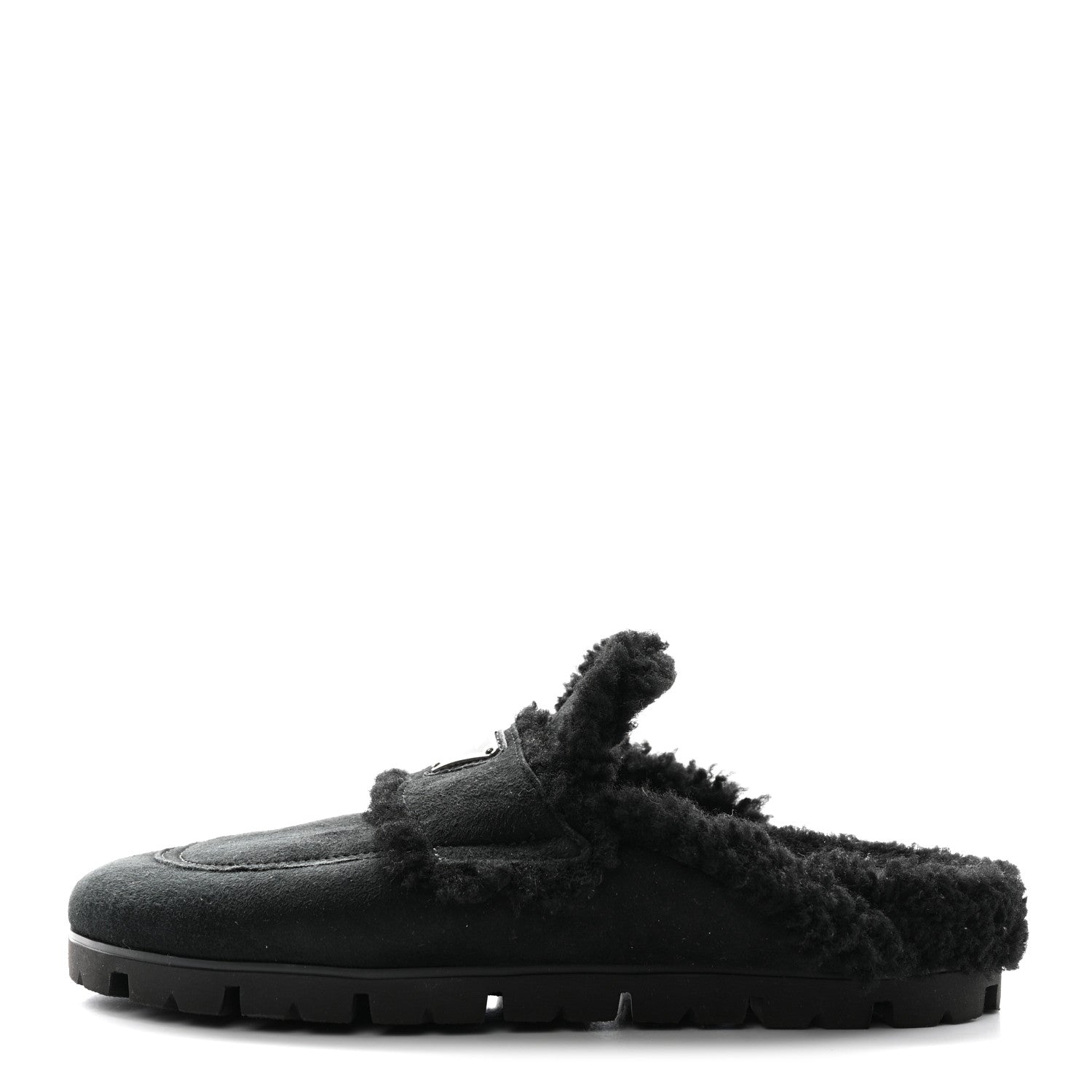Prada Shearling Metal Triangle Logo 20mm Slippers 37 Black 1 of 8