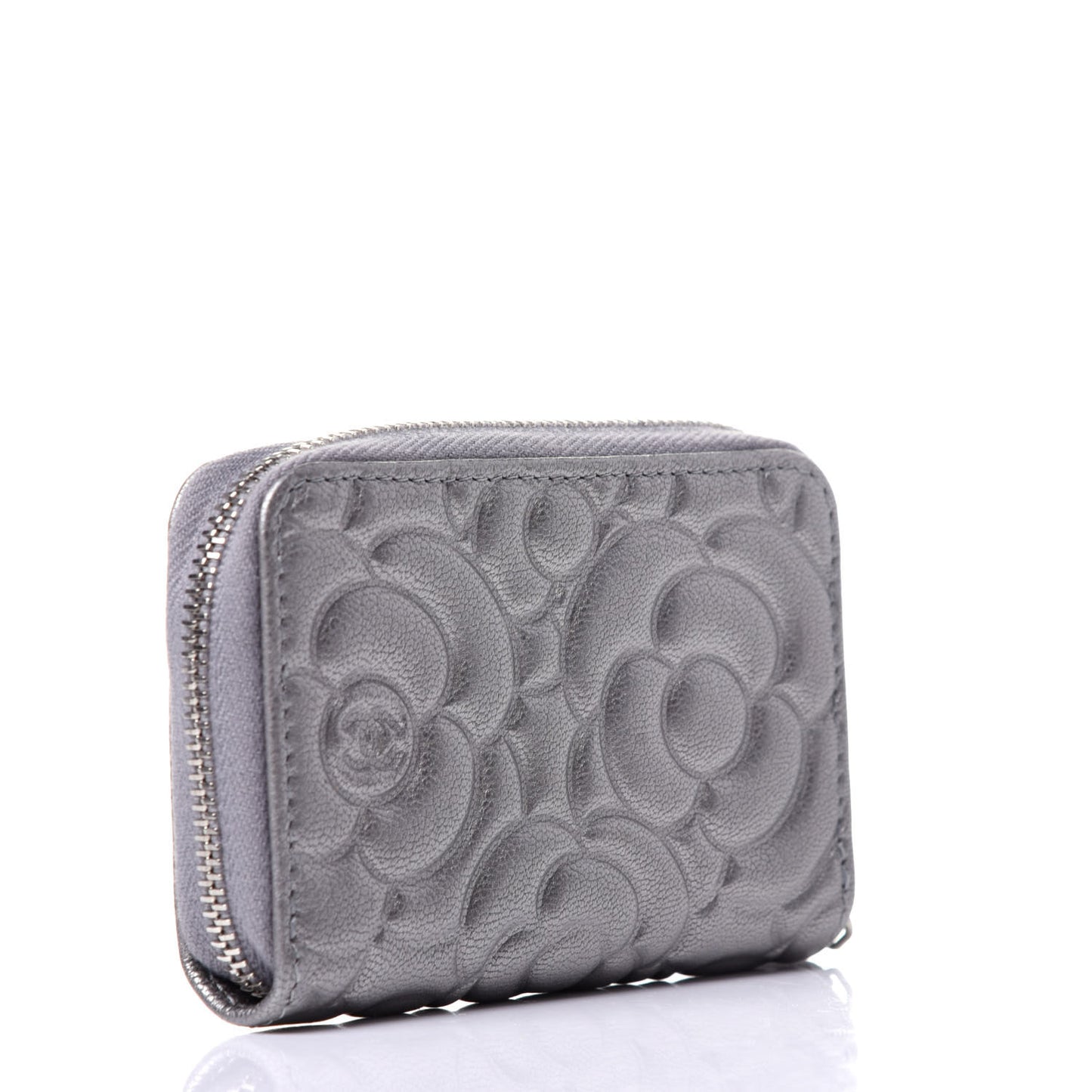 Goatskin Camellia Embossed Zip Coin Purse Silver