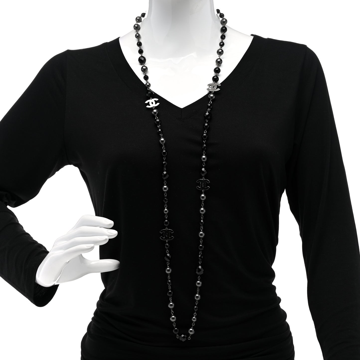 Ruthenium Pearl Beaded CC Long Necklace Black