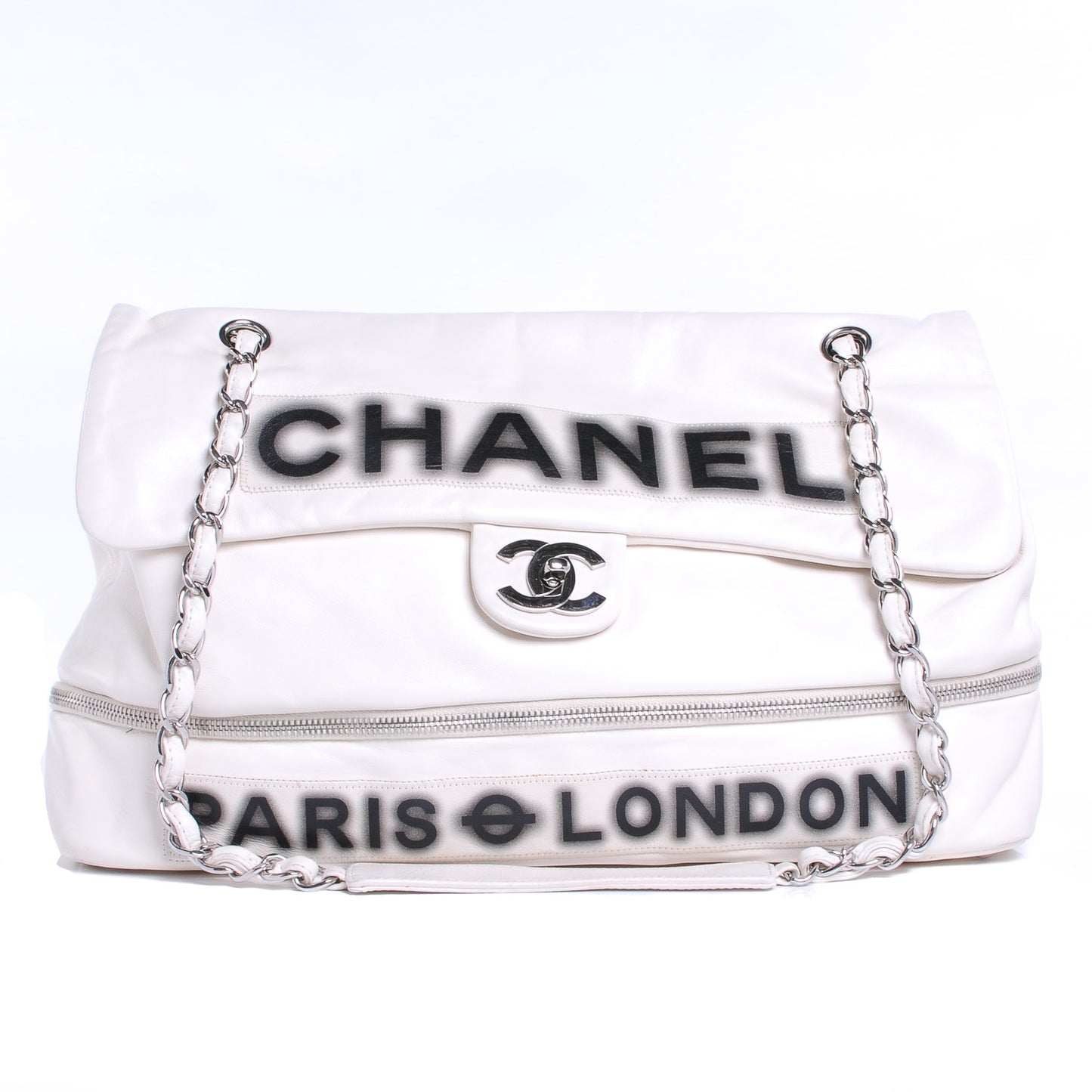 Calfskin Large Expandable Paris London Flap Bag White