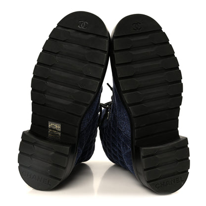 Chanel Shiny Calfskin Velvet Quilted Lace Up Combat Boots 37 Blue 6 of 11
