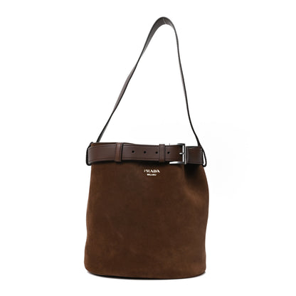 Prada Scamosciato Suede Buckle Belted Bucket Bag Cacao 1 of 9