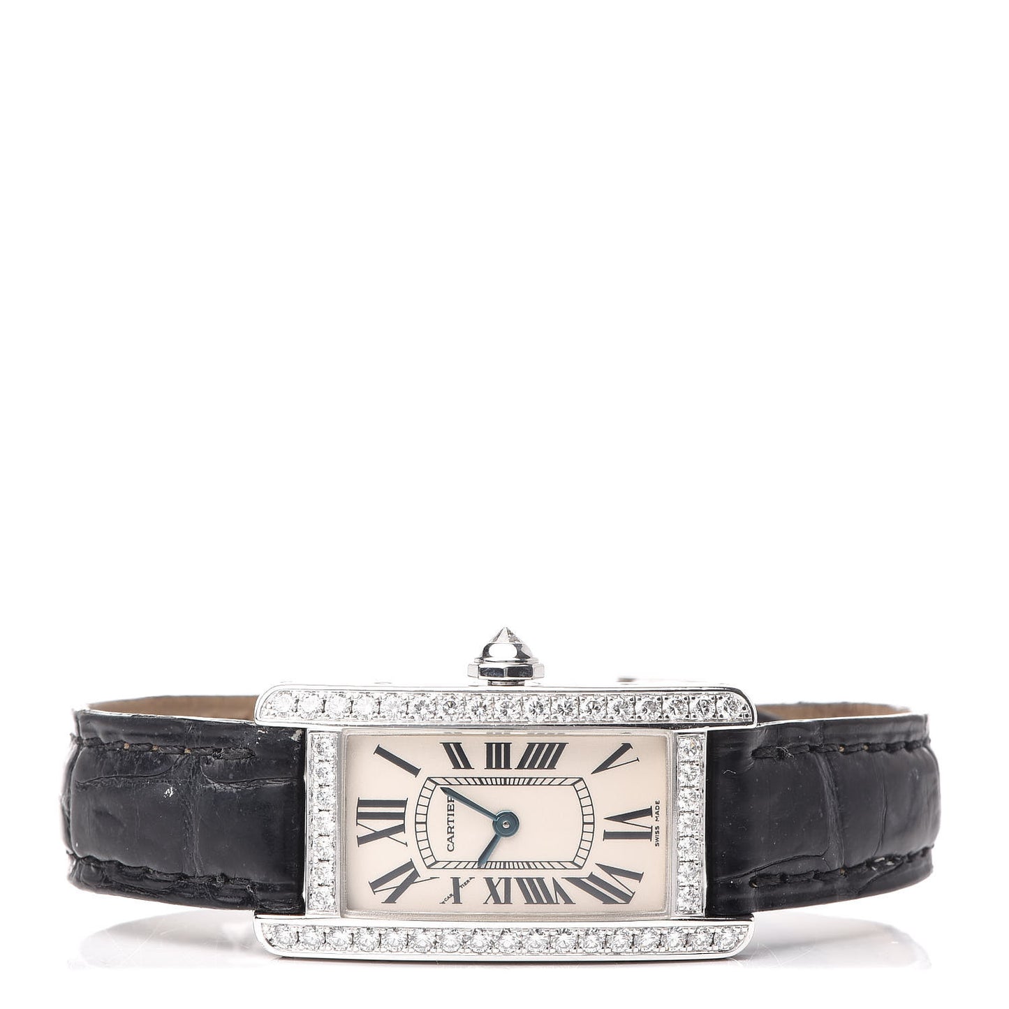 18K White Gold Alligator Diamond Bezel 19mm Tank Americaine Quartz Watch
