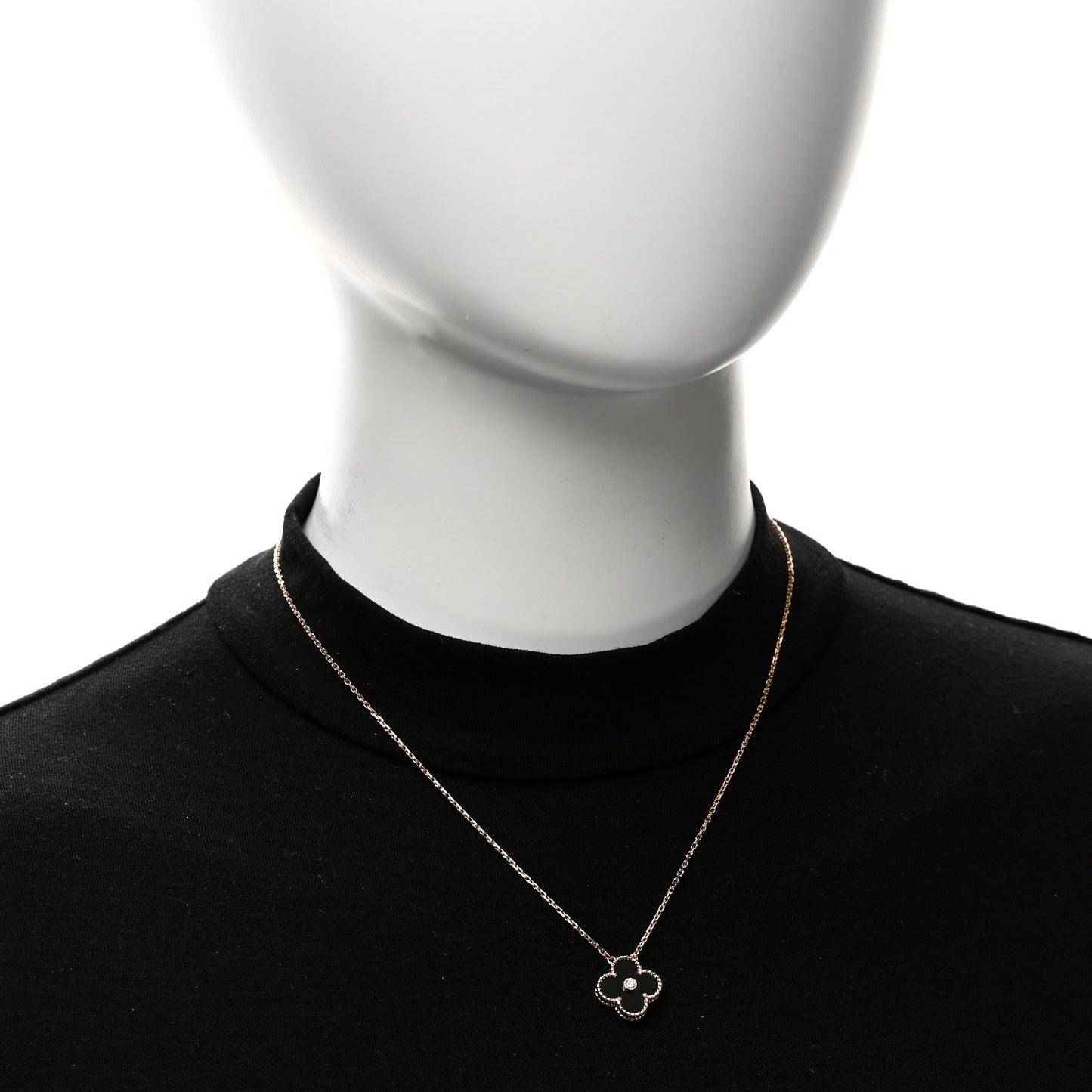 18K Rose Gold Diamond Black Onyx Vintage Alhambra Pendant Necklace