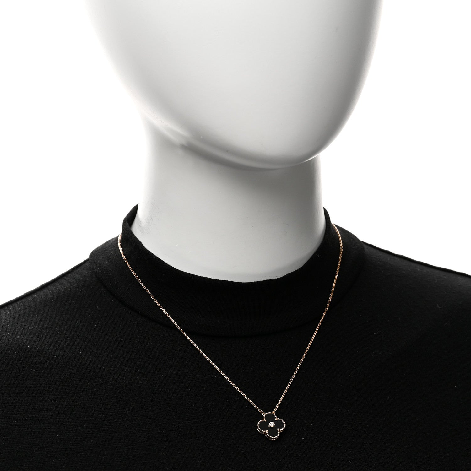 Van Cleef & Arpels 18K Rose Gold Diamond Black Onyx Vintage Alhambra Pendant Necklace 2 of 7