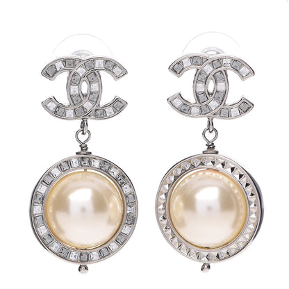 Chanel Baguette Crystal CC Pearl Drop Art Decoco Earrings Silver 1 of 4