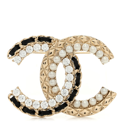 Chanel Lambskin Pearl Crystal Quilted CC Brooch Black Gold 1 of 4