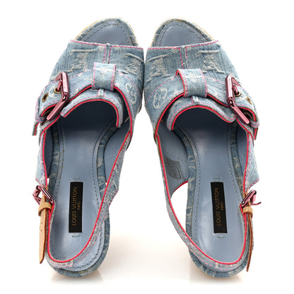 Louis Vuitton Denim Monogram Espadrille Wedge Sandals 38 Blue 2 of 9