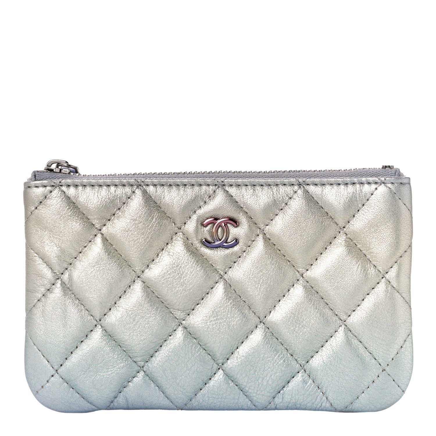 Chanel Gradient Metallic Calfskin Quilted Small Cosmetic Pouch Silver Blue Yellow Purple 1 of 11