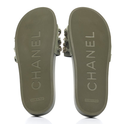Chanel Canvas Chain Flat Sandals 39 Khaki 5 of 9