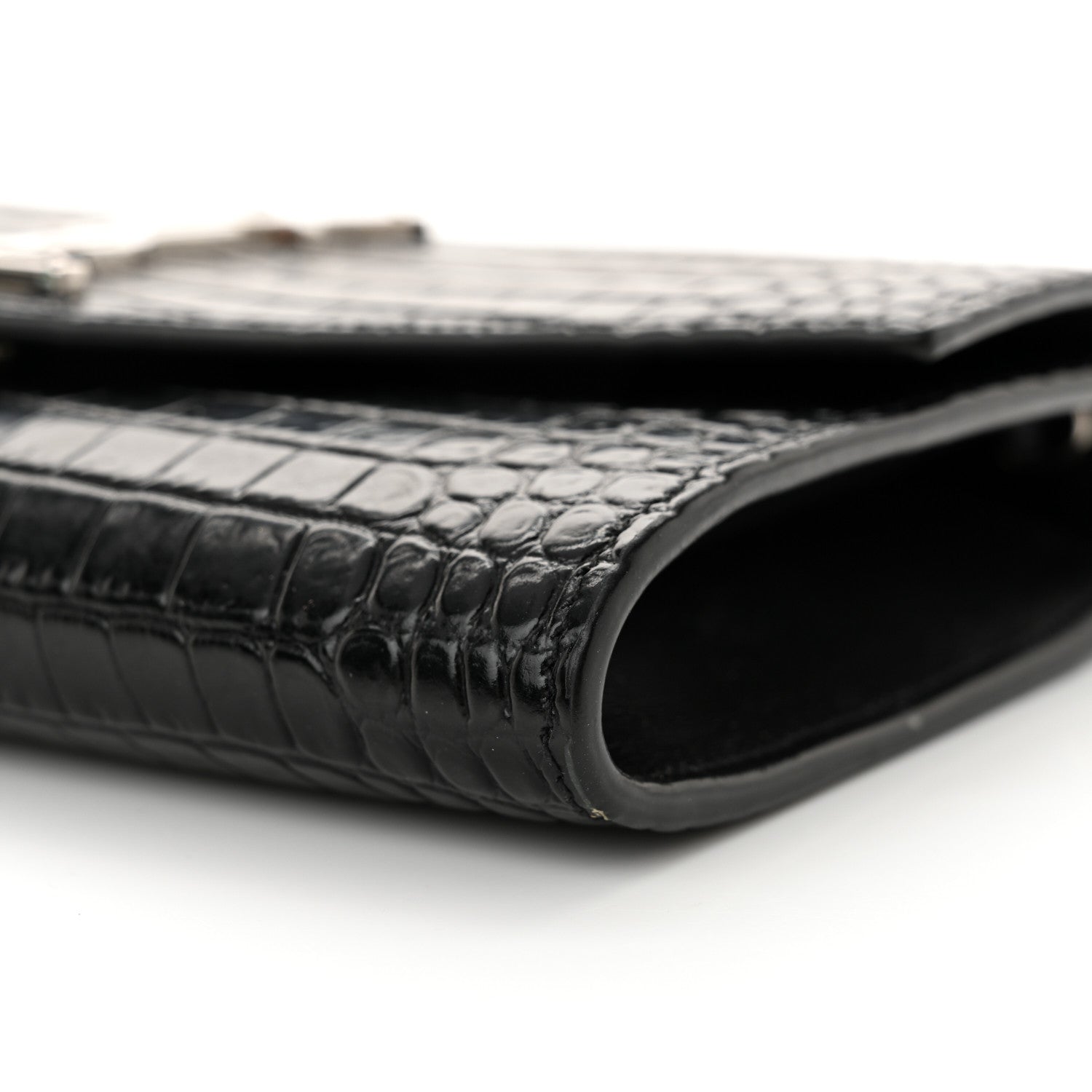 Saint Laurent Calfskin Crocodile Embossed Monogram Uptown Chain Wallet Black 10 of 11