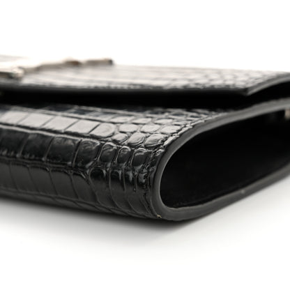 Saint Laurent Calfskin Crocodile Embossed Monogram Uptown Chain Wallet Black 10 of 11