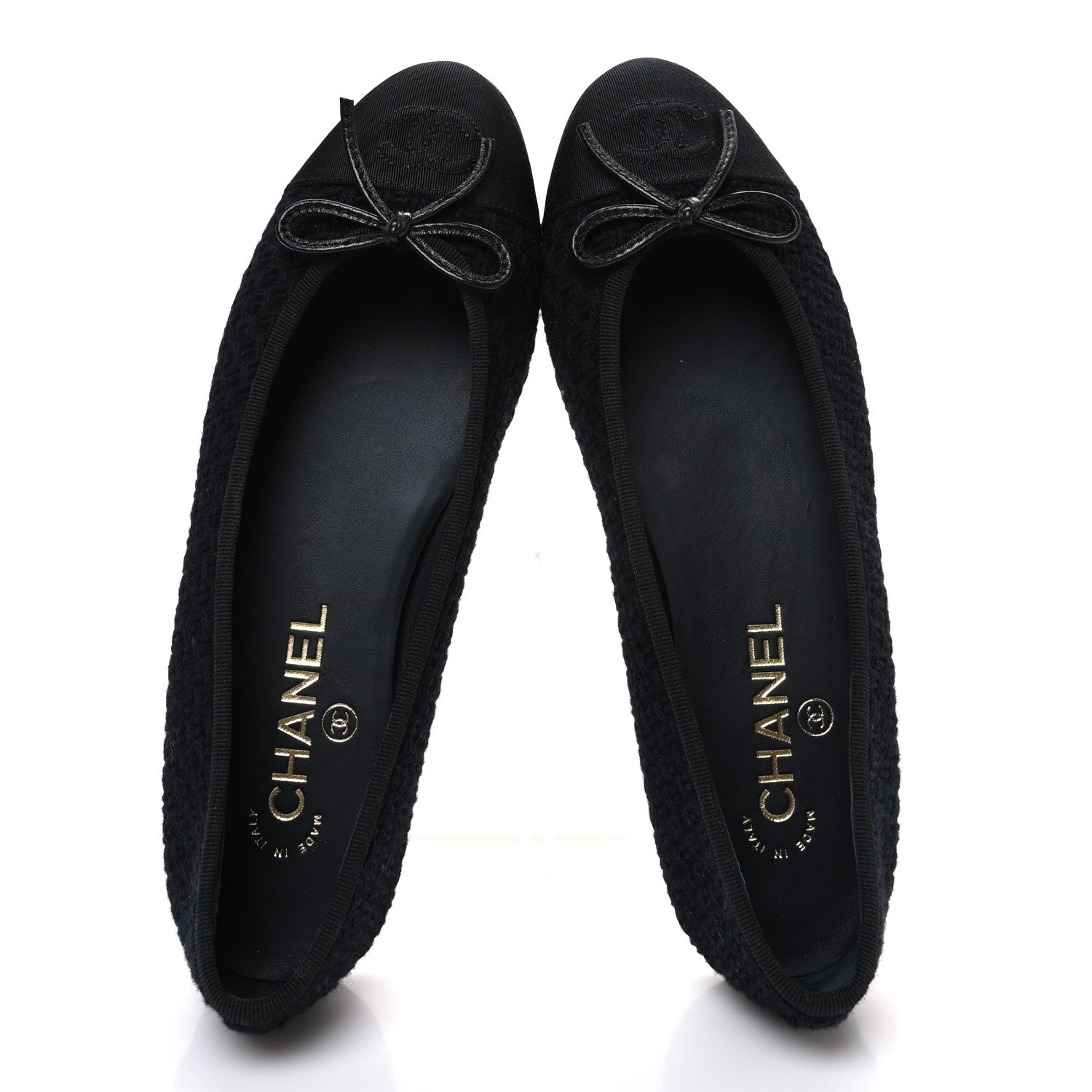 Chanel Wool Tweed Grosgrain Cap Toe CC Ballerina Flats 37.5 Black 2 of 11