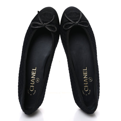 Chanel Wool Tweed Grosgrain Cap Toe CC Ballerina Flats 37.5 Black 2 of 11