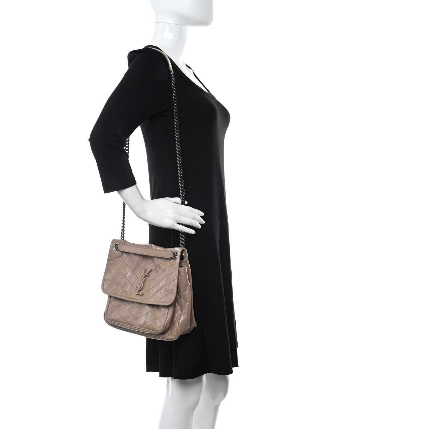 Saint Laurent Crinkled Calfskin Matelasse Monogram Medium Niki Chain Satchel Gold Sand 2 of 11