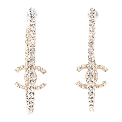 Chanel Crystal Pearl CC Drop Hoop Earrings Gold 1 of 4