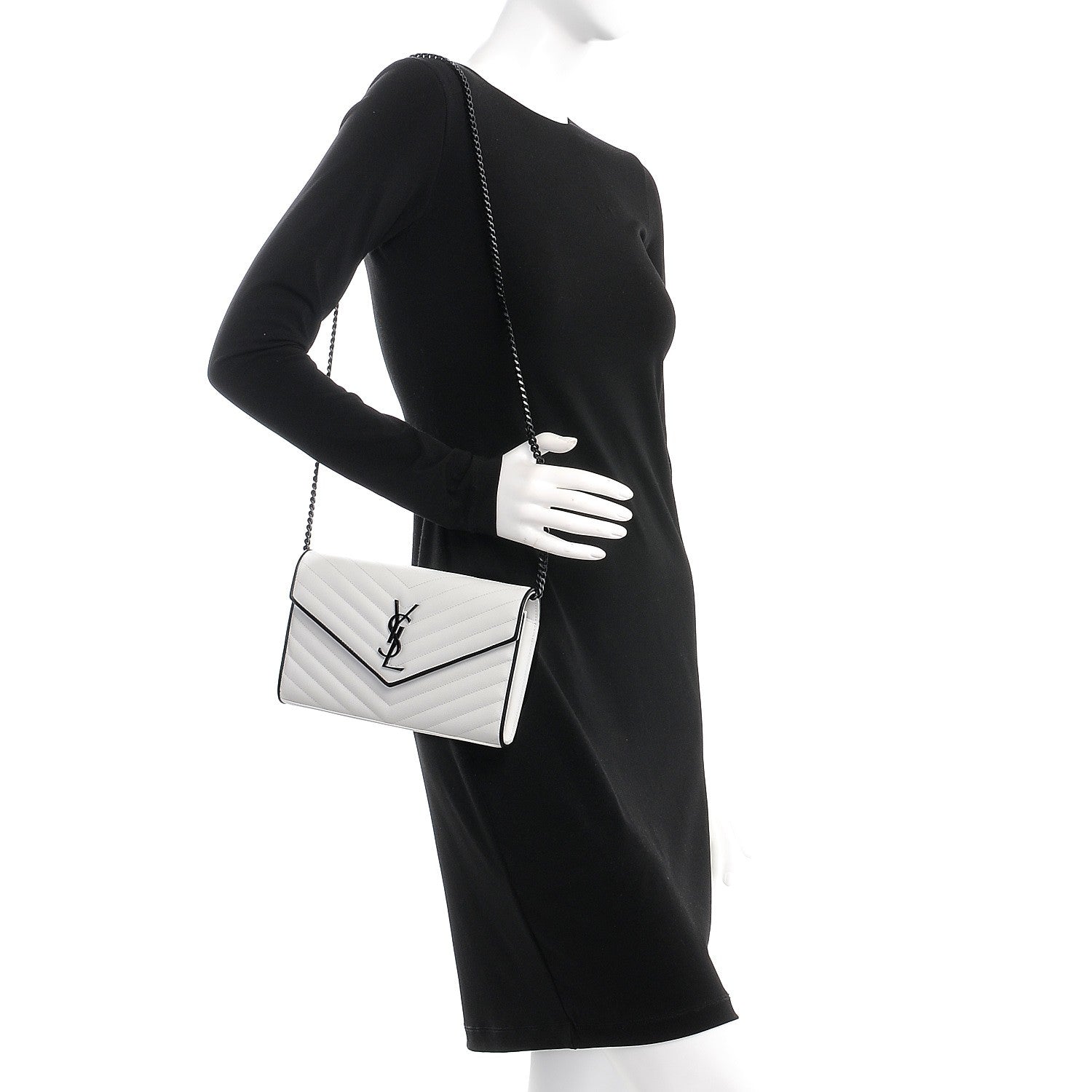 Saint Laurent Grain De Poudre Matelasse Monogram Chain Wallet White Black 2 of 6