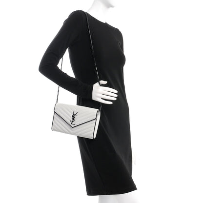 Saint Laurent Grain De Poudre Matelasse Monogram Chain Wallet White Black 2 of 6