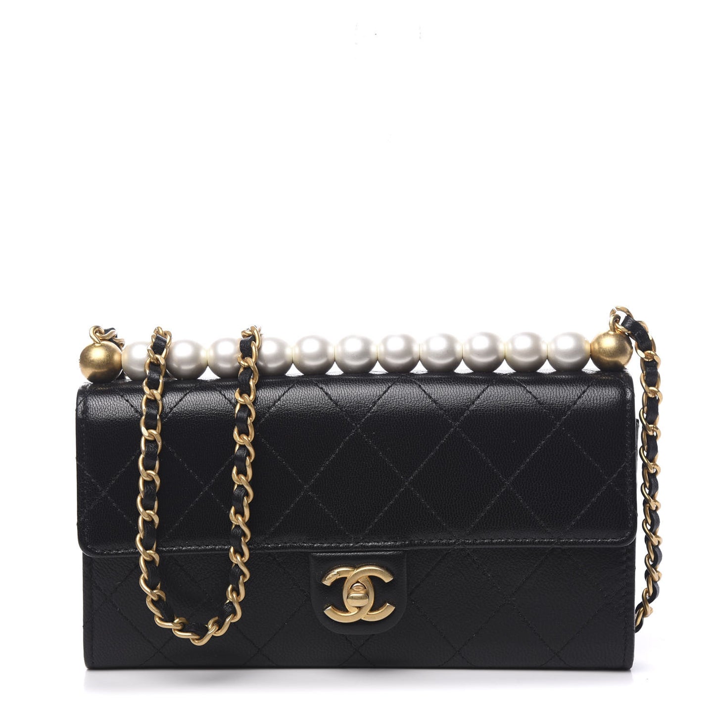 Goatskin Quilted Chic Pearls Clutch With Chain Black