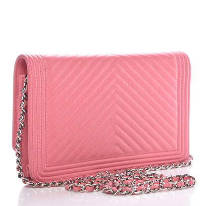 Chanel Calfskin Chevron Quilted Boy Wallet On Chain WOC Pink 3 of 14
