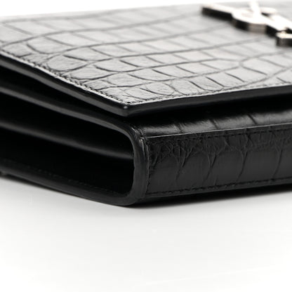Saint Laurent Calfskin Crocodile Embossed Monogram Chain Wallet Black 10 of 16